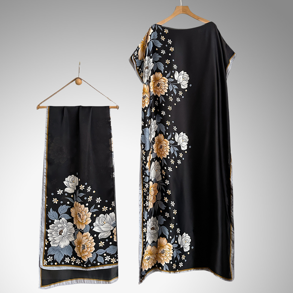 Elegant Floral Print Silk Kaftan Dress