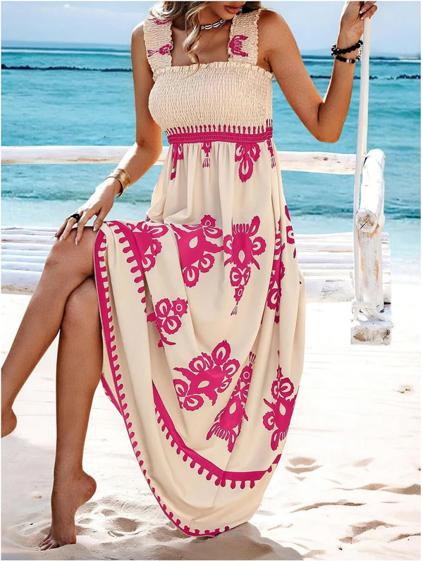 Artistic Geometric Print Smocked Maxi Dress