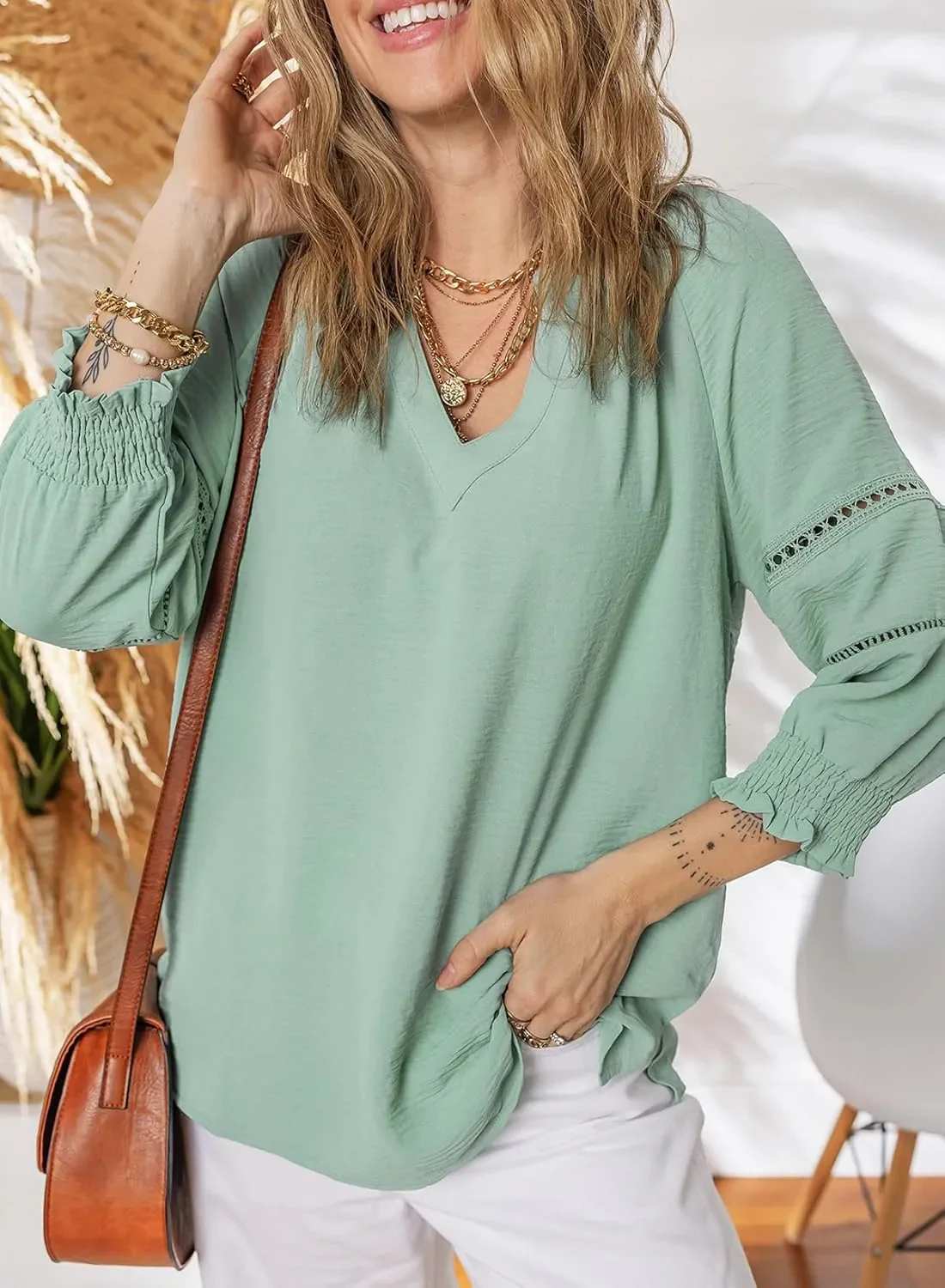 Elegant Lace Detail Smocked Blouse