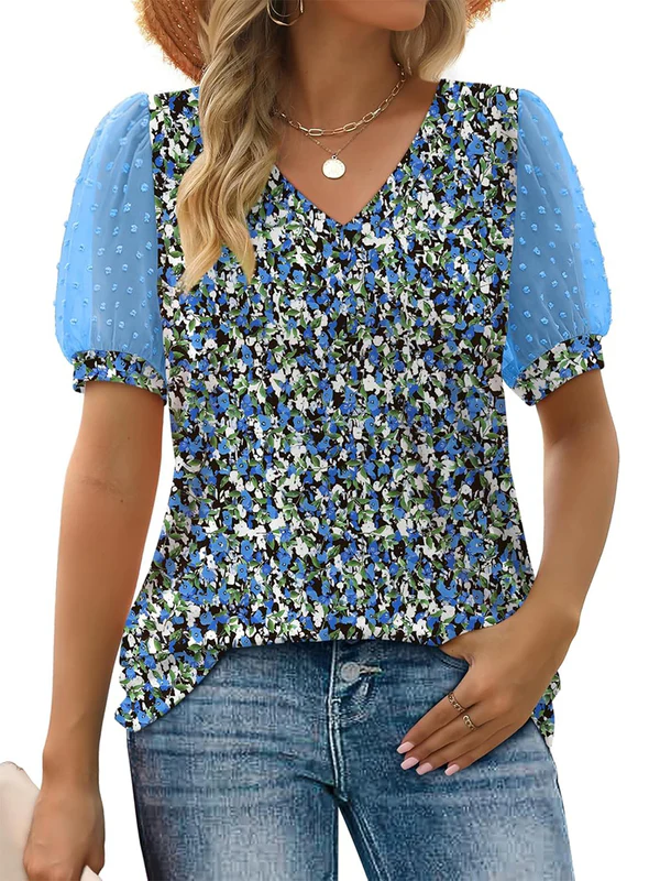 Charming Floral V-Neck Puff Sleeve Blouse