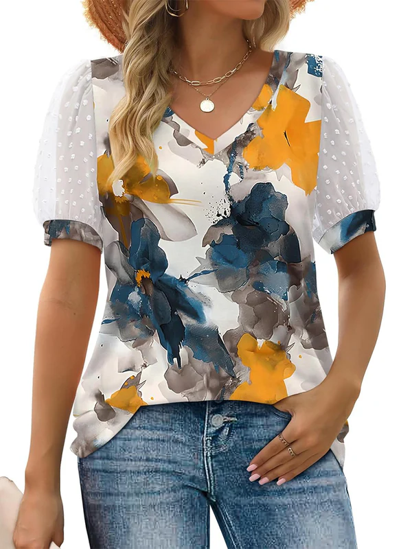 Charming Floral V-Neck Puff Sleeve Blouse