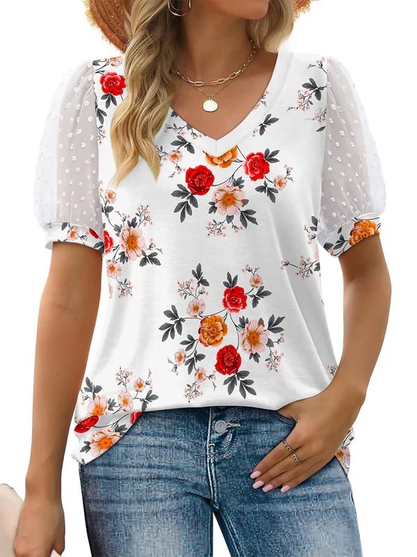 Charming Floral V-Neck Puff Sleeve Blouse