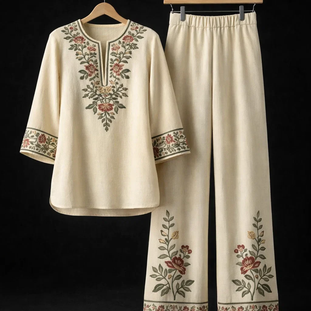 Artistic Floral Embroidered Two-Piece Set