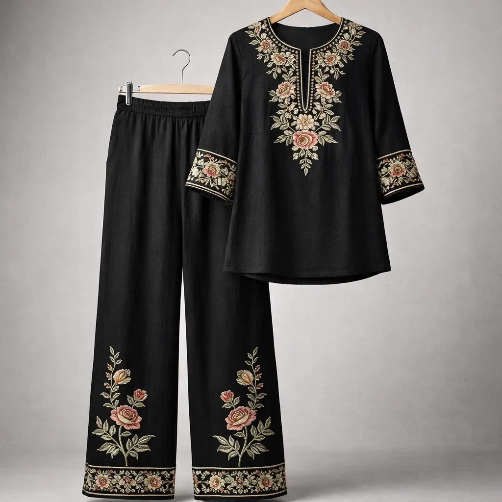 Artistic Floral Embroidered Two-Piece Set
