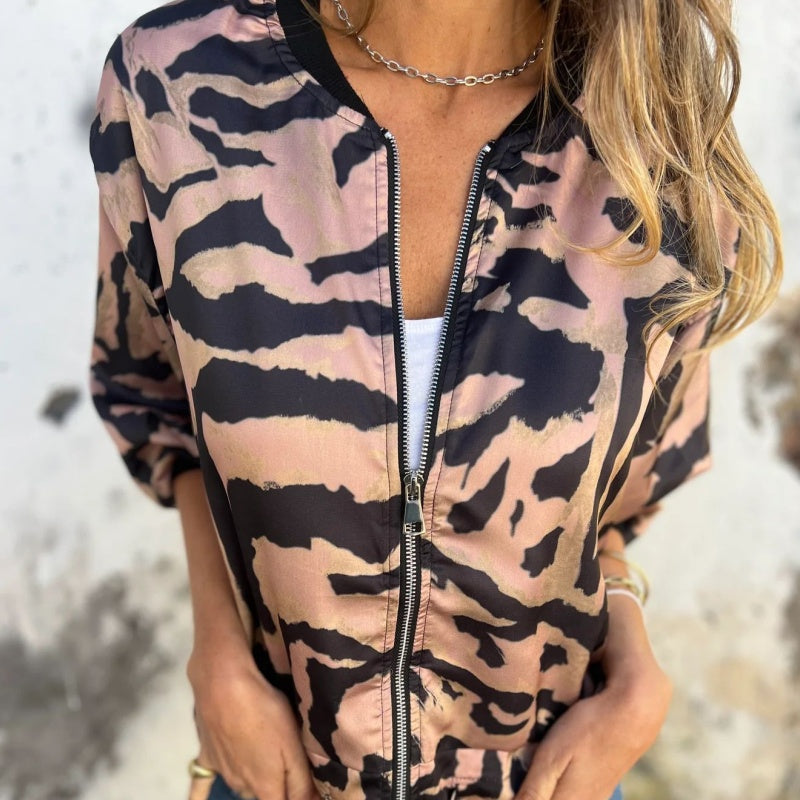 Zelda™ | Zip-Up Zebra Print Bomber Jacket